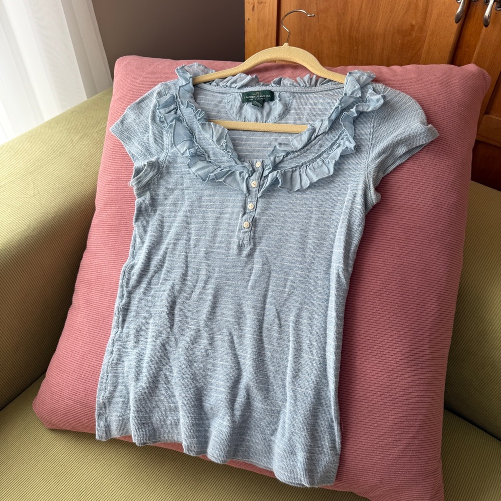 Ralph Lauren Y2K Baby Blue & White T-Shirt – Round Collar & Buttons 💙✨